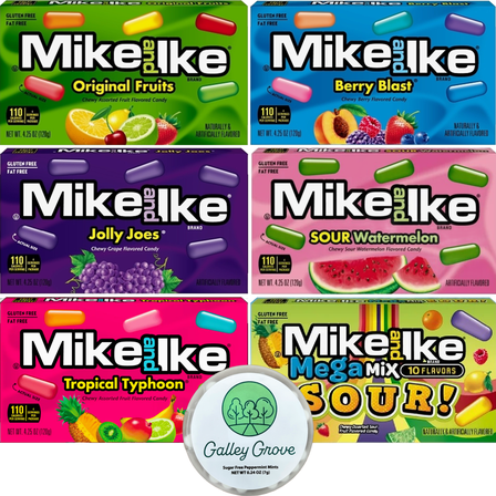 Mike Ike Candy Variety, 6 Theater Boxes (4.25 oz) – Original Fruit, Berry Blast, Tropical Typhoon, Sour Mega Mix, Sour Watermelon & Jolly Joes Bundle With Galley Grove Sugar-Free Breath Mints