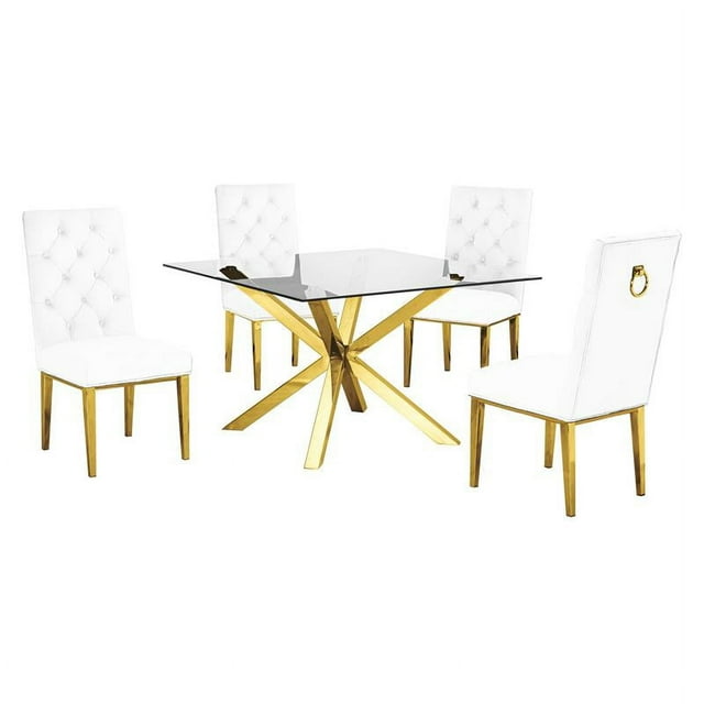 Square 47" x 47" Clear Glass 5pc Dining Set with Gold Stainless Steel