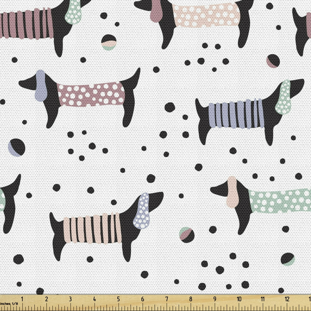 Dog Lover Fabric by the Yard, Abstract Hand Drawn Dachshund Puppy