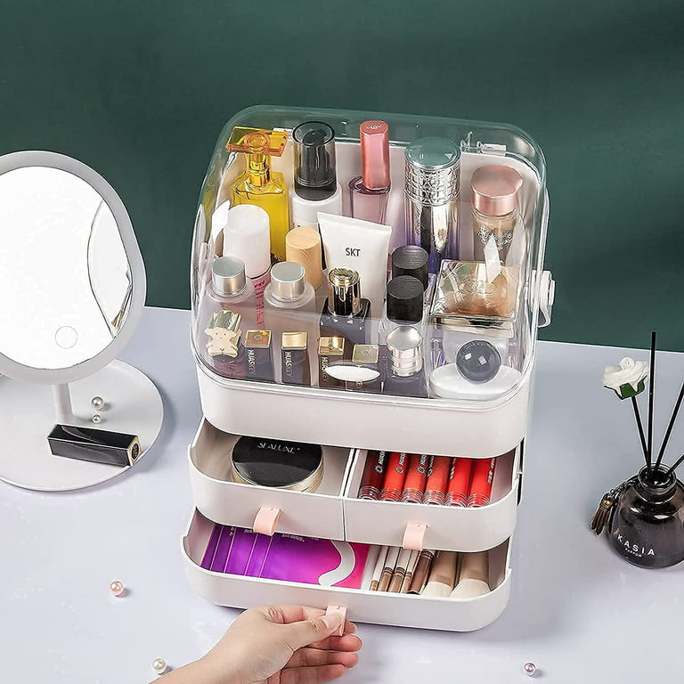 Cosmetic Storage Box with Lid Waterproof&Dustproof Makeup Organizer Box  Portable Handle,Large Makeup Display Case with Drawers - AliExpress