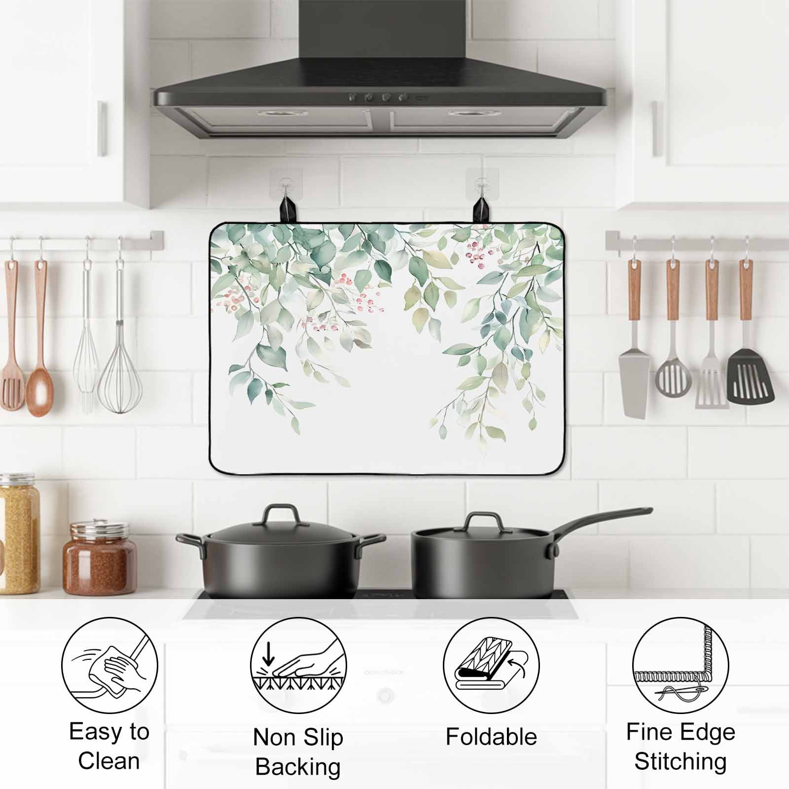 Eucalyptus Leaves Stove Top Cover for Electric Stove, Heat-proof & Non Slip Glass Top Stove Cover Protector, Sage Green Botanical Spring Summer Kitchen Flat Cooktop Rubber Mat 24x21 Inches