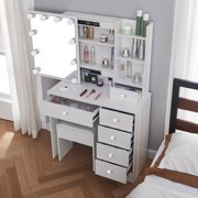JBLCC Modern Makeup Vanity with LED Lighted Mirror and Stool, Vanity Table for Bedroom, Vanity Desk with Storage Shelves & Drawers, White