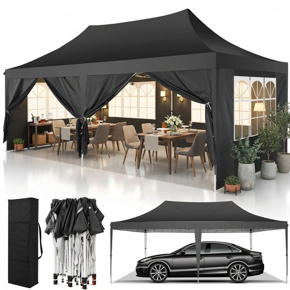 COBIZI 10'x20' Pop Up Canopy Tent with 6 Removable Sidewalls, Instant Outdoor Shelter with Raised Roof, Heavy-Duty Stable Frame and Carry Bag, Black