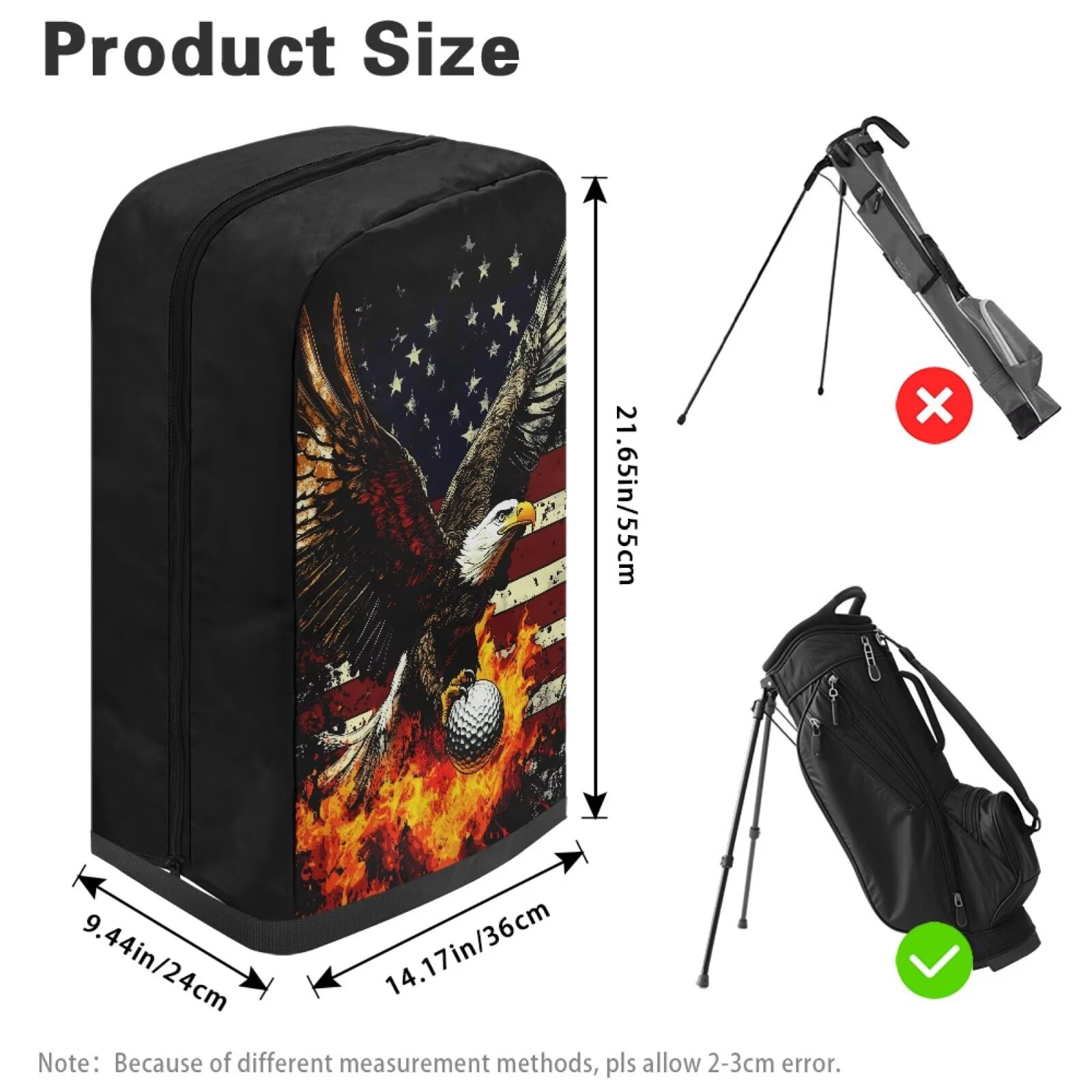 Chririnla American Flag Eagle Golf Bag Dust Cover Waterproof Hood with Snap Button Dust & Sun Protection for Clubs Universal Fit for Most Stand Bags, Cart Bags & Tour Bags