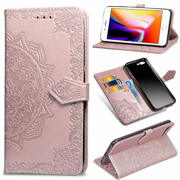 iPhone 8  7  Wallet Cases and Covers, Allytech Slim Premium PU Flip Stand Cover Mandala Embossed Full Body Protection with Card Holder Magnetic Closure for iPhone 8 Plus 7 Plus, Rosegold