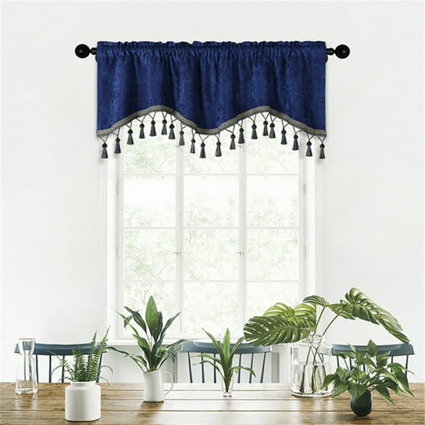 Cortina de gasa con flecos de color azul sólido, cortinas de ventana con flecos elegantes
