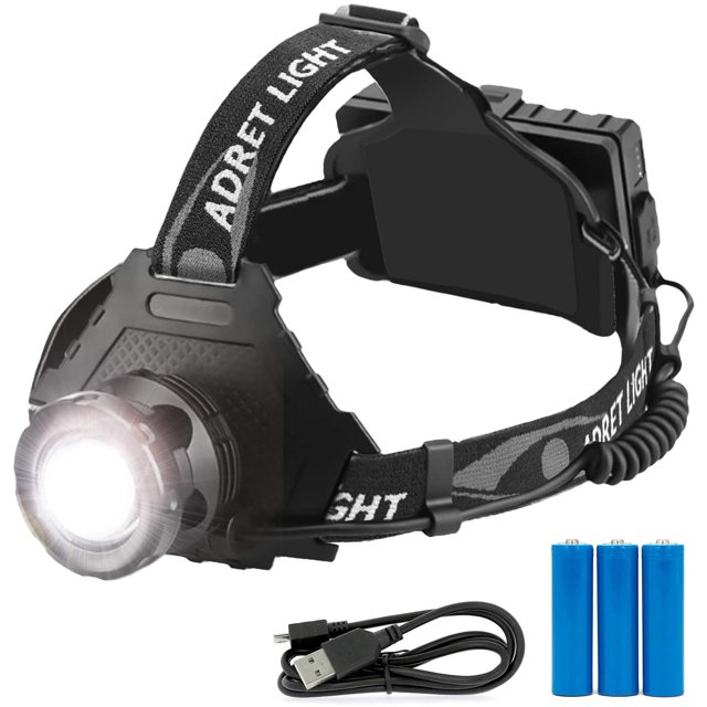 Linterna frontal LED ultrapotente: ideal para ciclismo o senderismo, con 5 modos: flash, SOS y zoom. Recargable con 3 baterías 18650.