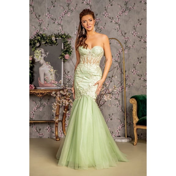Women's GLS Gloria Embroidered Strapless Mermaid Dress Gl3211 Light Green Size S