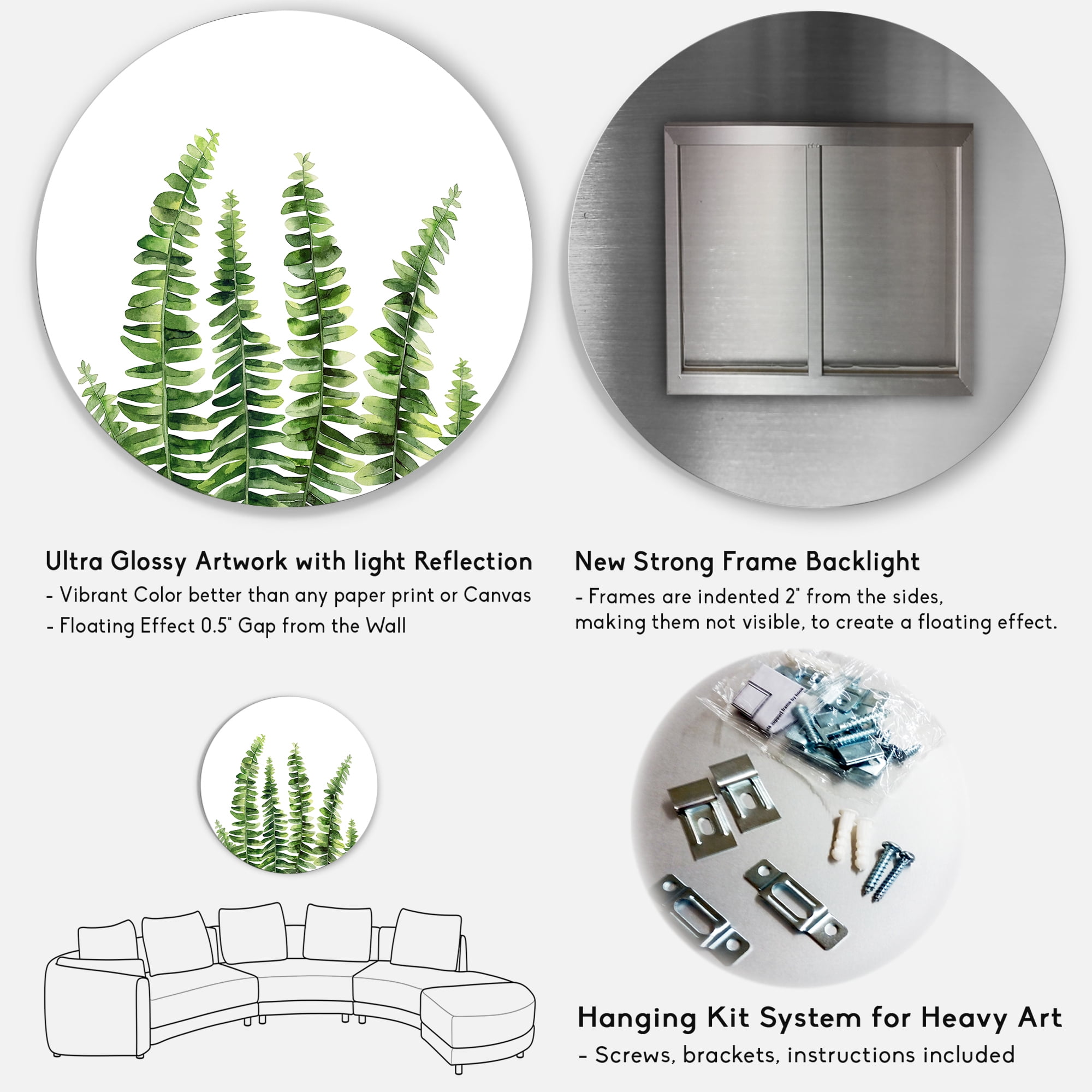 Designart 'Fern Plant Leaves Detail II' Farmhouse Circle Metal Wall Art 36x36 - Disc of 36