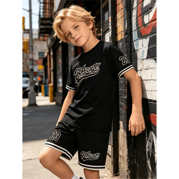 PureChapter Boys Short Sets, Chicago 23 Graphic T-Shirt & Shorts 2-Piece Streetwear Outfit for 7-15Y