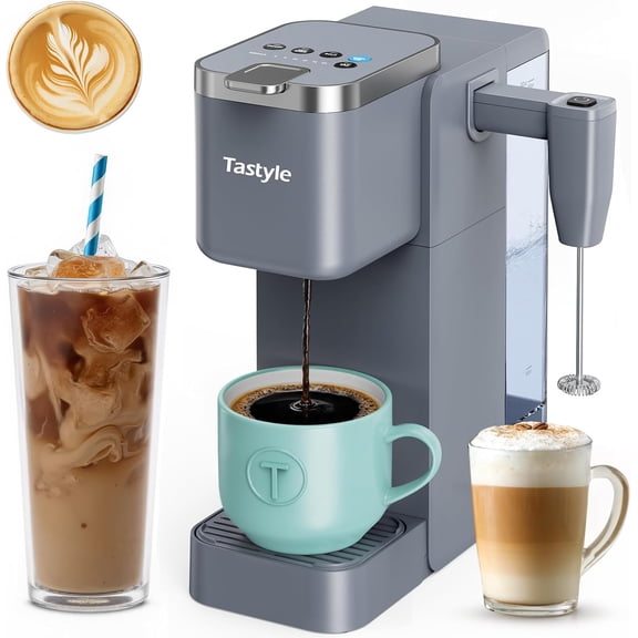 Single Serve Coffee Maker with Detachable Milk Frother, Iced and Hot Brew, 40 oz Water Reservoir, 6 Cup Sizes, Fits 7.3 Inch Travel Mug, Gray