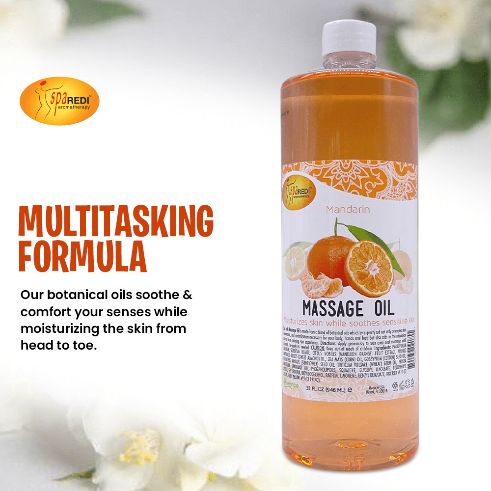 SPA REDI - Massage Oil, Mandarin, 32 Oz - Professional Full Body Massage Therapy, Manicure, Pedicure - Relax Sore Muscles and Repair Dry Skin, Enhanced with High Absorption Oils and Vitamin E