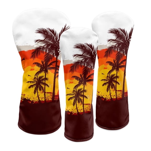 Uorisanigo Golf Club Head Covers for Fairway Woods, Drivers and Hybrid, - 3-Pack Sunset Palm Tree Golf Club Headcovers for Men & Women- Premium PU Leather, Double Elastic Band