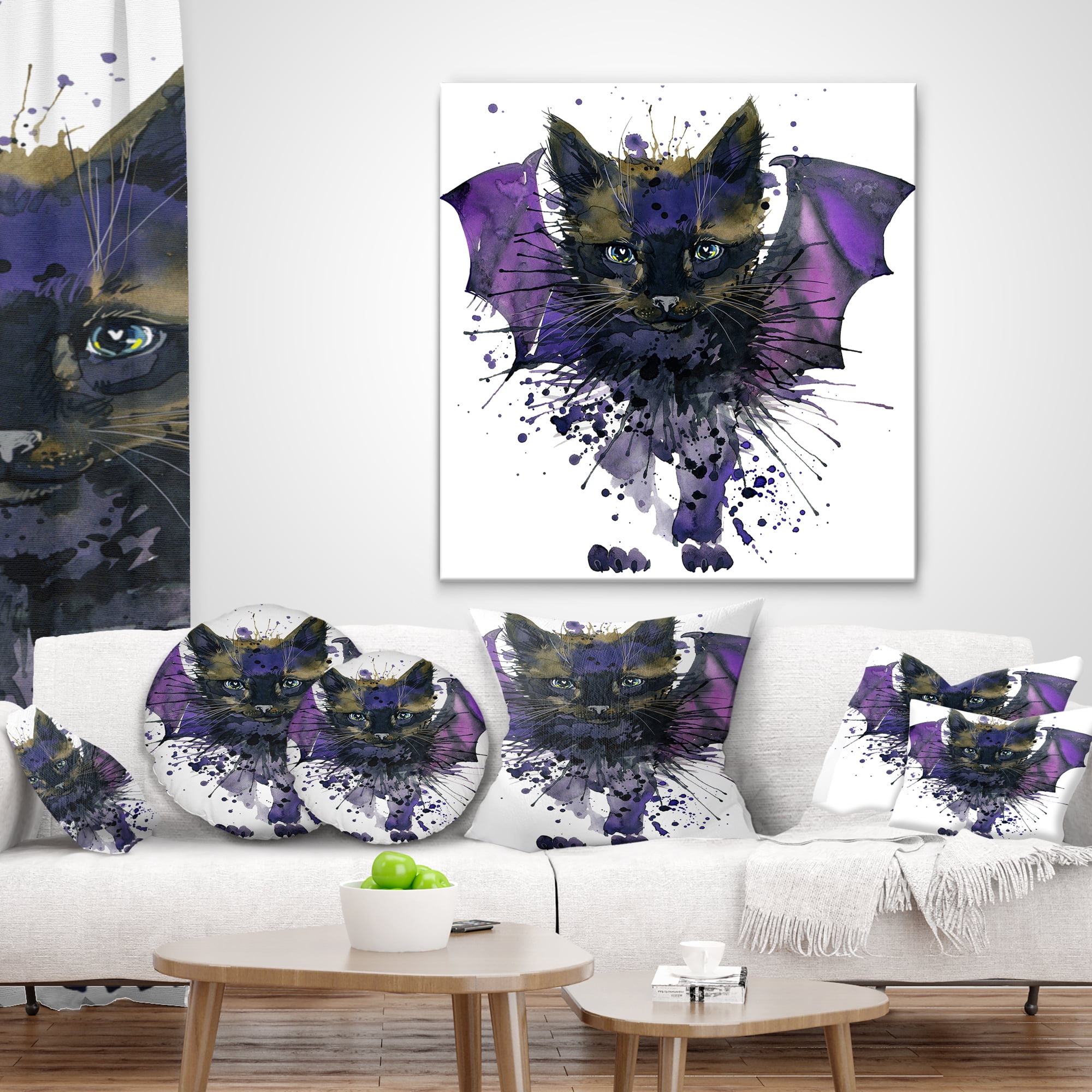 Designart Black Cat with Blue Wings - Animal Throw Pillow - 18x18