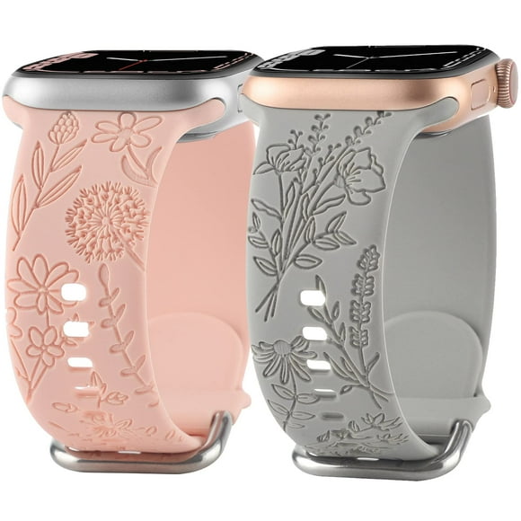 Bracelet en Silicone Gravé Fleur Compatible avec Apple Watch 38mm 40mm 41mm Design Floral Mignon pour Femmes Bracelet Sport Doux de Remplacement pour iWatch Séries 8 7/SE/6/5/4/3/2/1