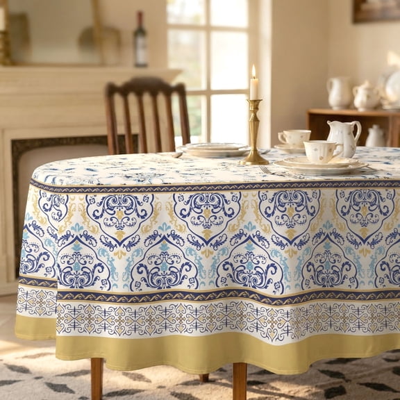 Blue Yellow Floral Oval Tablecloth 60x84in, Waterproof Washable French Country Table Cover for Kitchen Dining