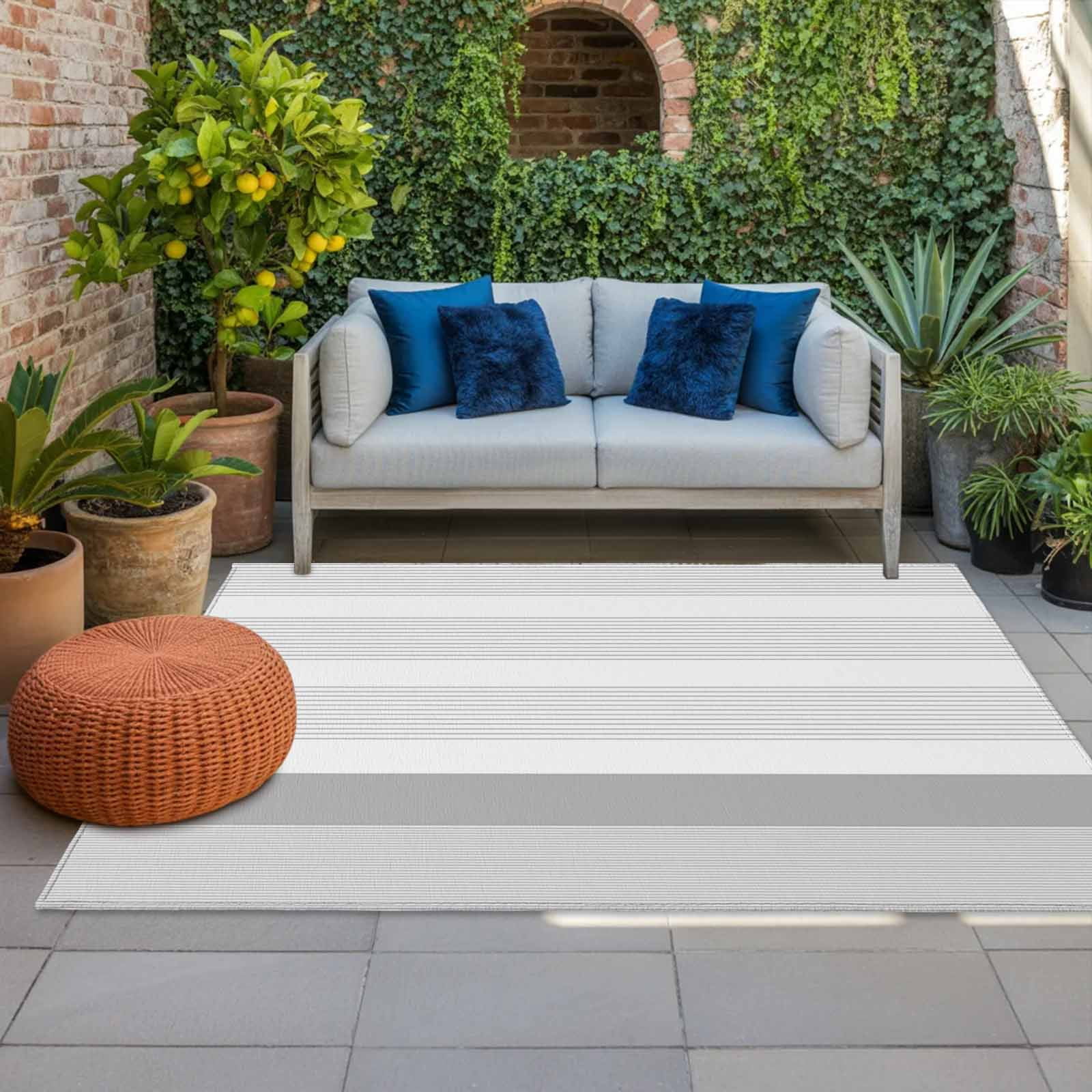 6' x 9' Outdoor Rug, Grey Stripe Outdoor Washable Rug Large Floor Carpet, Modern Abstract Monochrome Geometric Non Shedding Area Rug for Outside Patio RV Porch Deck Balcony Camping Living Room