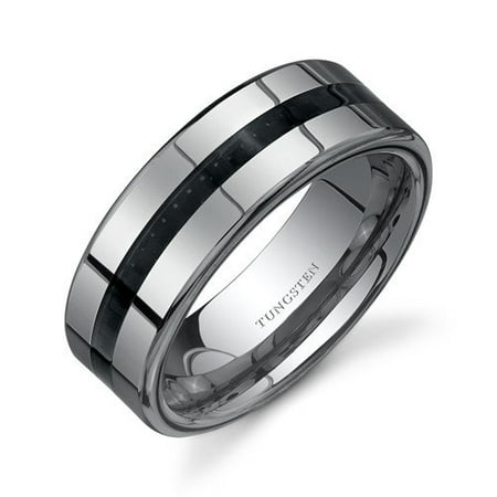 Oravo High Polish Black Carbon Fiber 8 mm Comfort Fit Mens Tungsten Wedding Band Ring