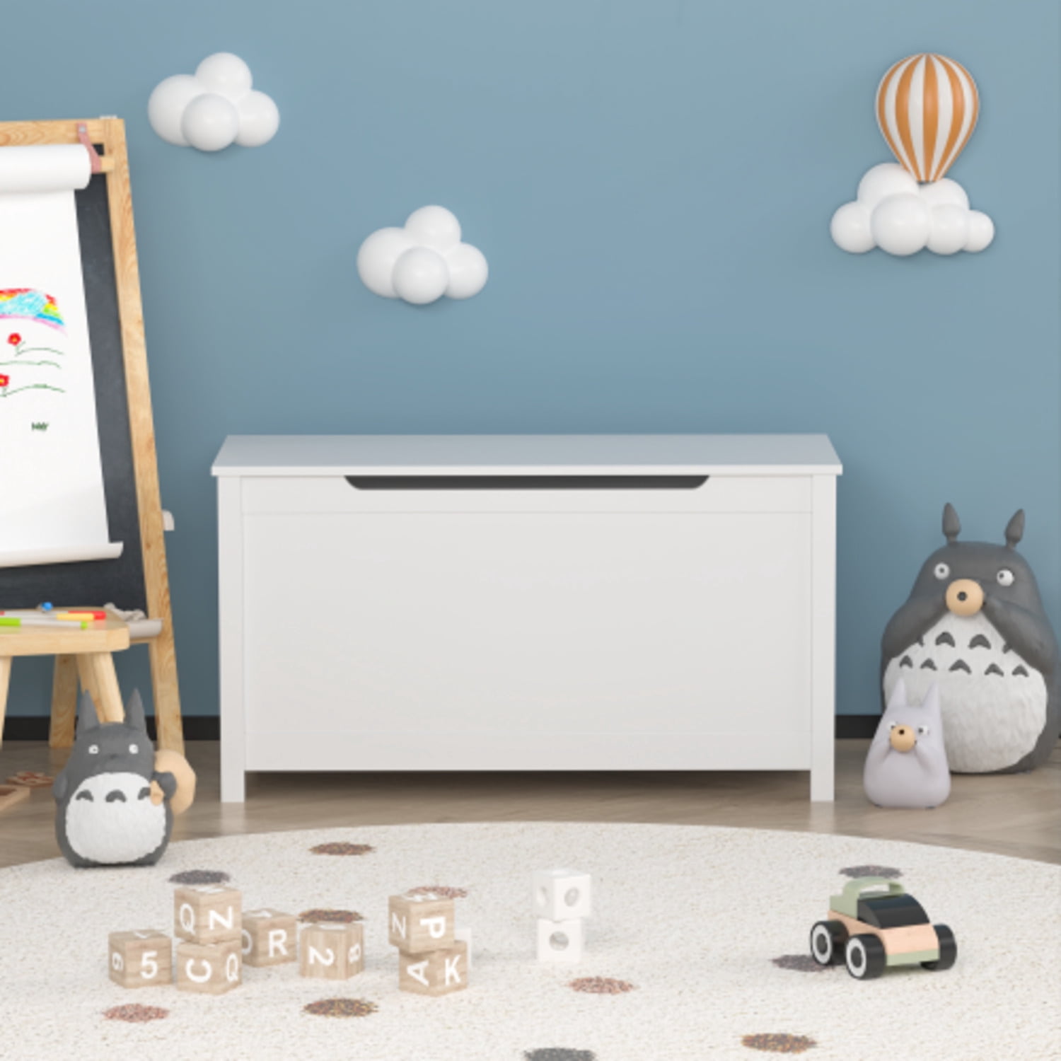 Kids Wooden Toy Box Storage with Safety Hinged Lid for Ages 2+ (Gray)