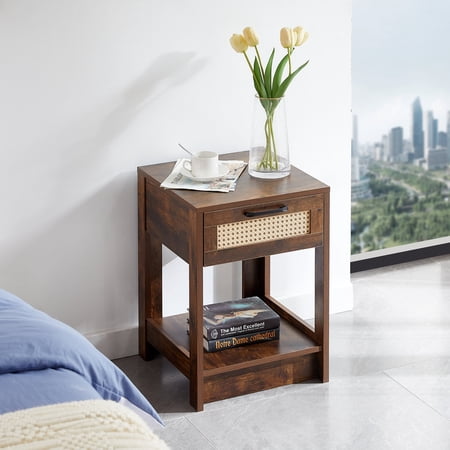 CoSoTower 15.75" Rattan End Table with Drawer, Modern Nightstand, Side Table for Living Roon, Bedroom, Rustic Brown