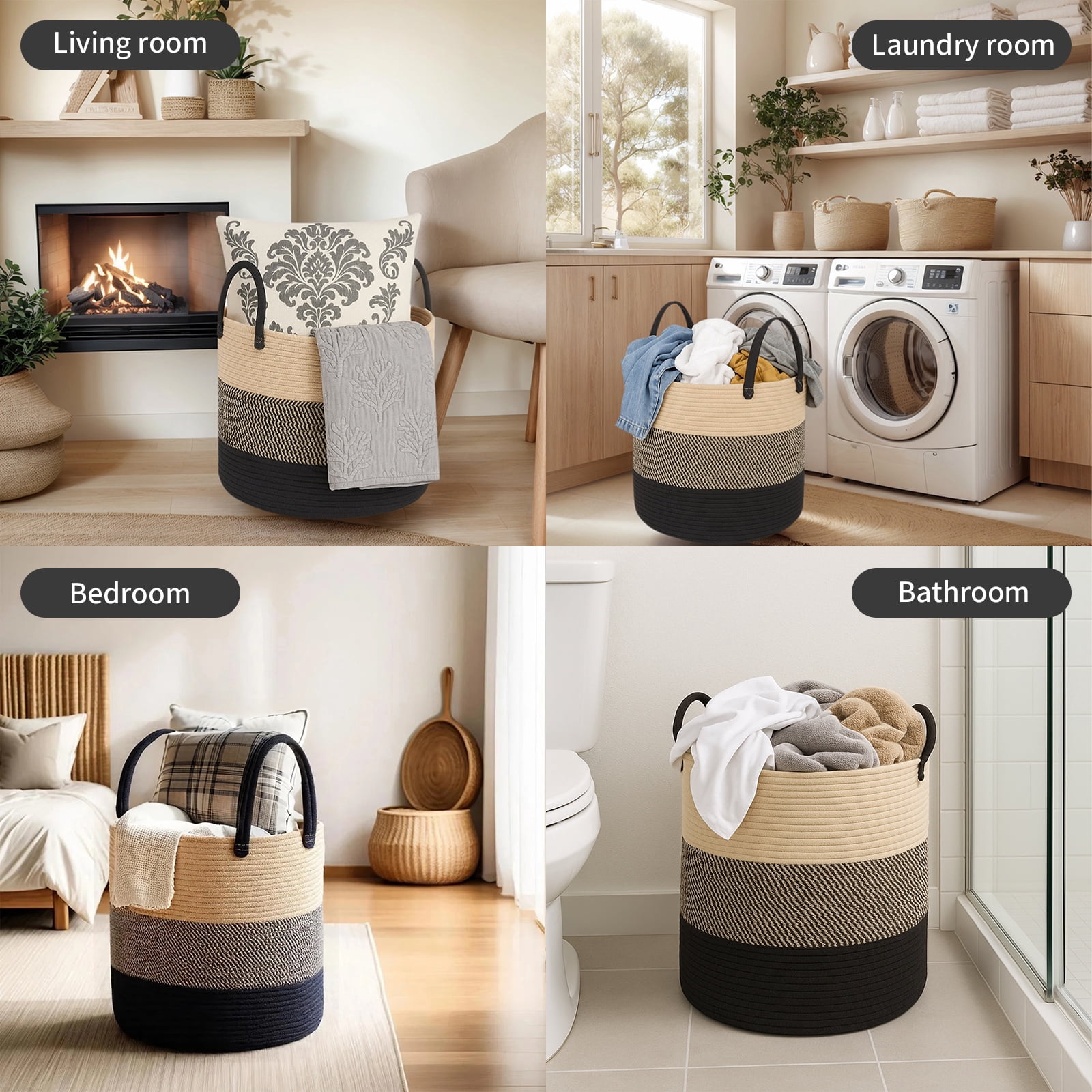 PinkSheep Laundry Basket, Collapsible Woven Cotton Rope Laundry Hamper Storage Baskets with Handles, Khaki Black