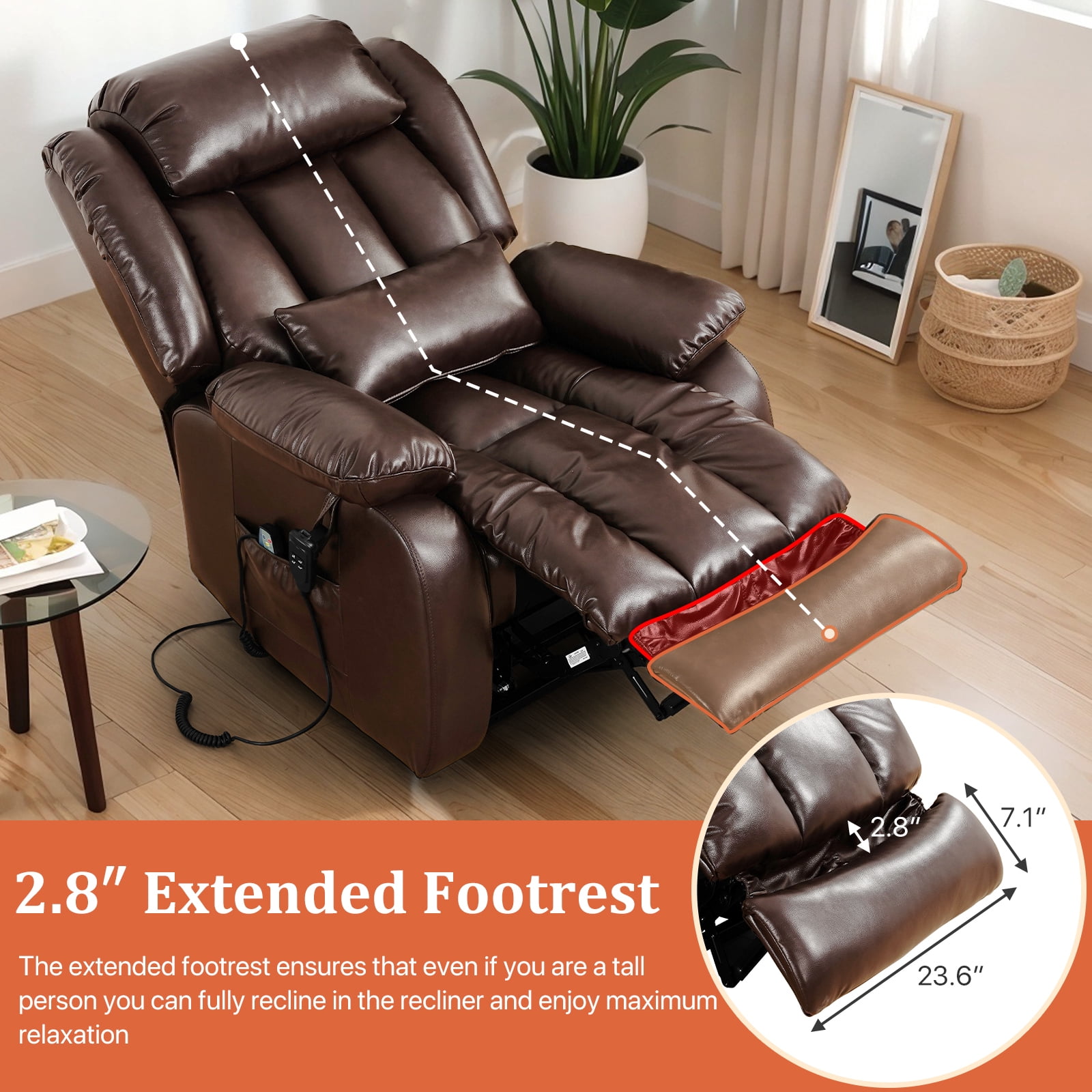 TEKAMON Infinite Position Lift Recliner Chair for Elderly with Heat Massage and Extended Footrest Lay Flat Sleeping Leather Dual Motor Power Lift Chair for Living Room (Brown)