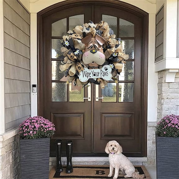Springtime Wreath New Dog Head Garland Creative Rattan Ring Door Hanging Garden Window Decorations Wreath (Khaki, 15.7in)