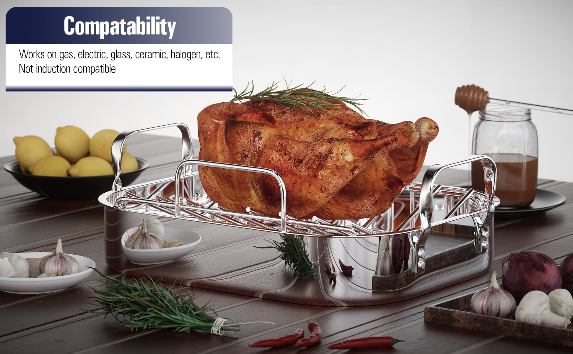  Rorence Roasting Pan with Rack: 16-Inch Stainless Steel  Rectangular Turkey Roaster pan with Nonstick V-Shaped Rack for Thanksgiving  Christmas – Set of 5: Home & Kitchen