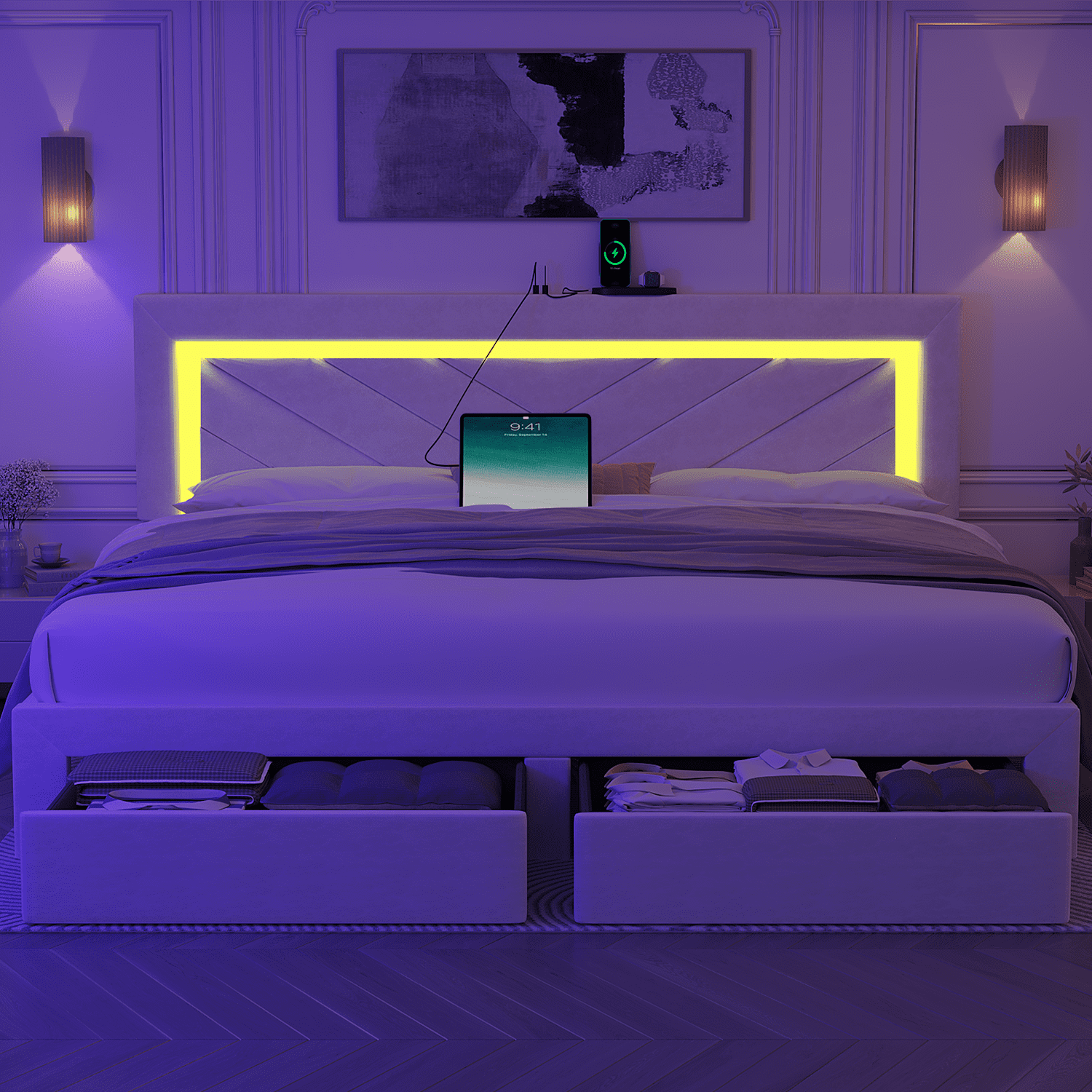 Fastroby King Upholstered Bed Frame with LED Headboard & Storage Drawer, No Box Spring Required