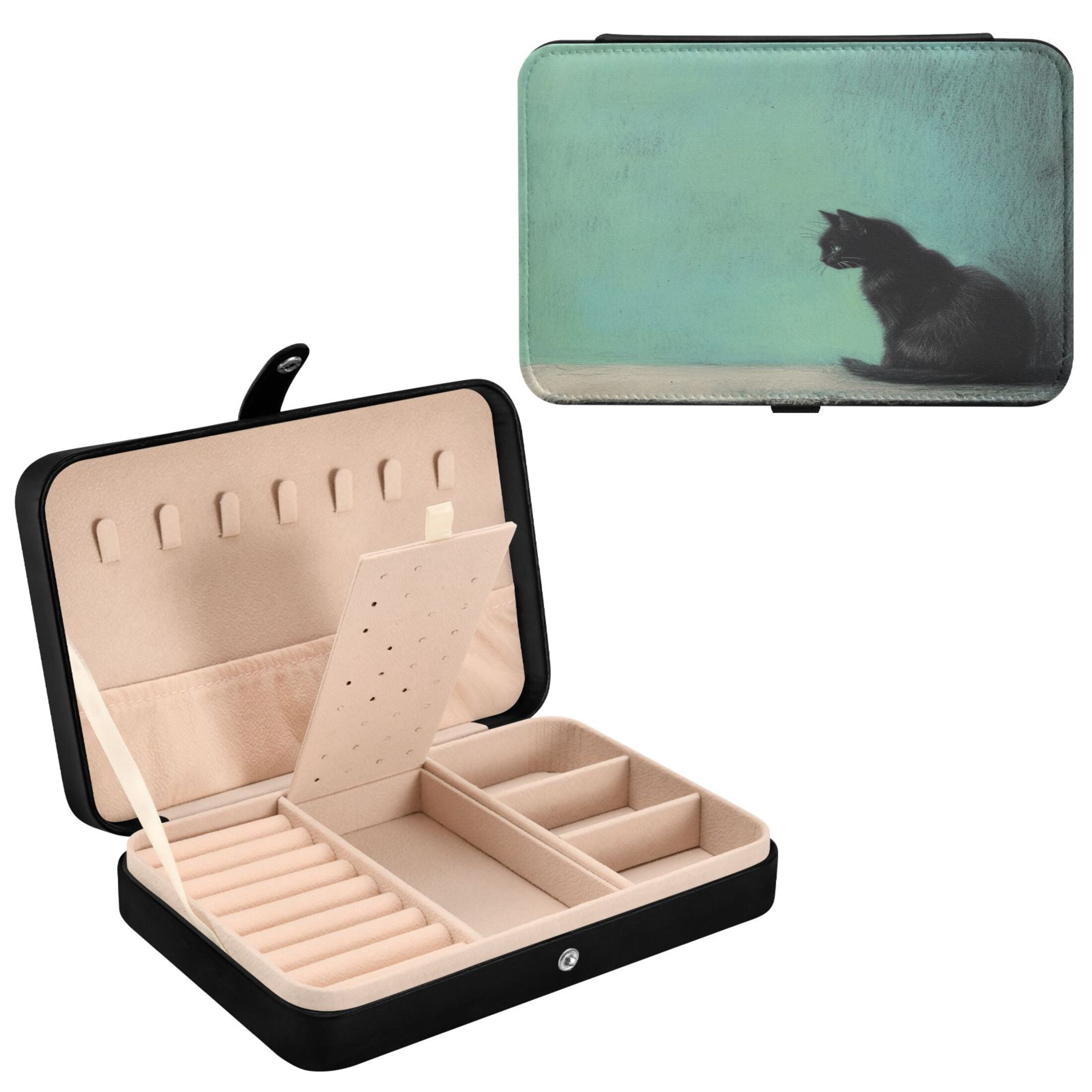 Leather Jewelry Box Rectangular 8.27x5.5x1.78In Travel Jewelry Storage Earrings Necklace Bracelet Watch Brooch Storage Black Cartoon Cat