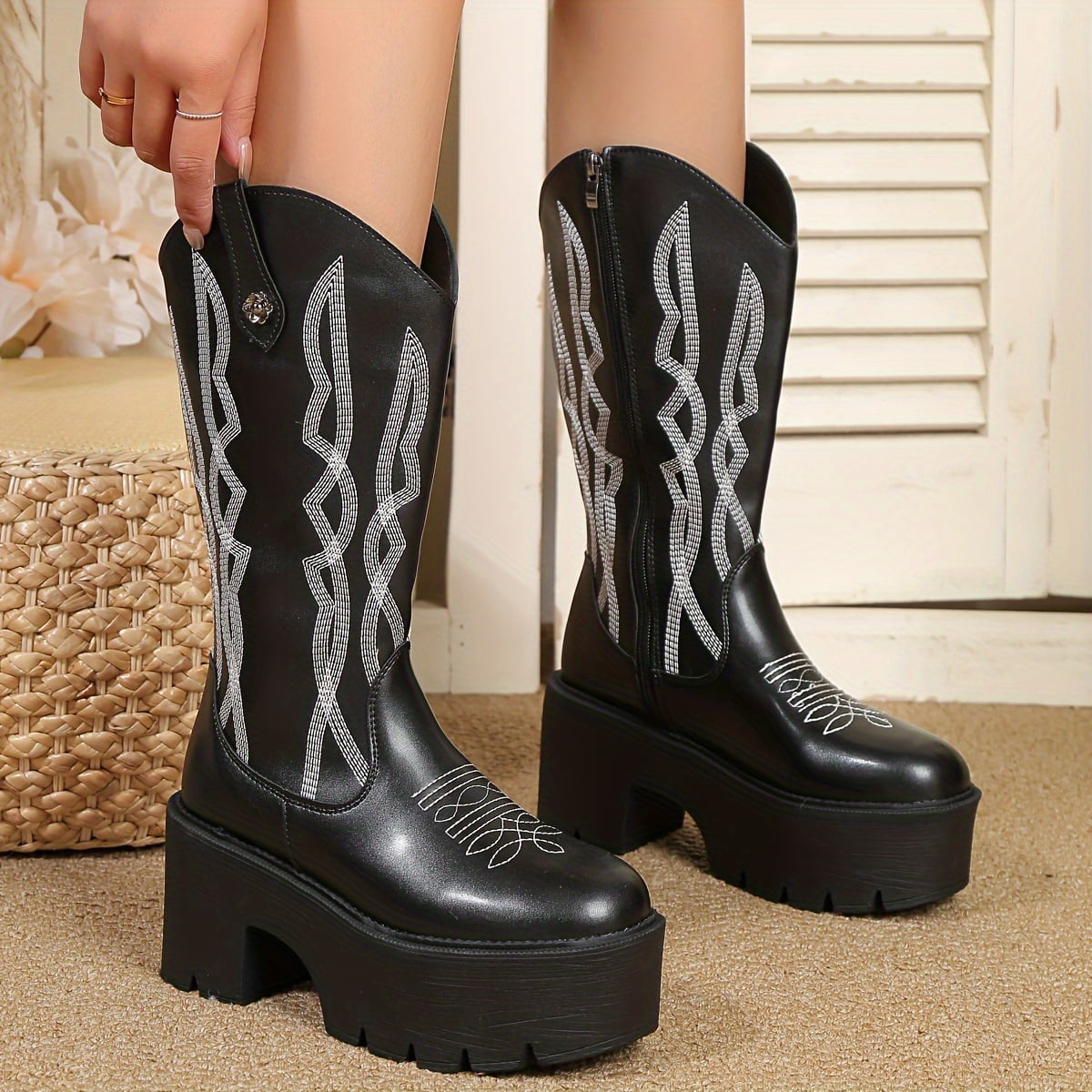 KINODAY Chunky Heeled Western Boots Round Toe V-cut Side