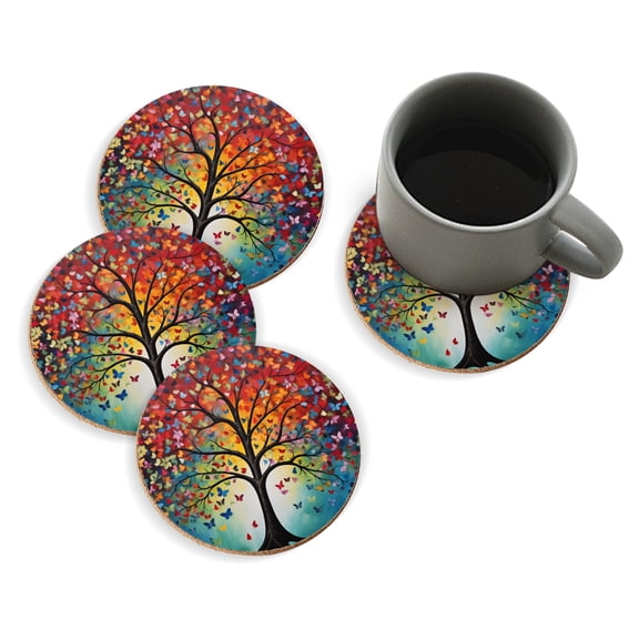 Coasters for Drinks Bar Beer,Set of 4 ,Round Wooden Housewarming Gift,Tree With Colorful Leaves And Butterflies