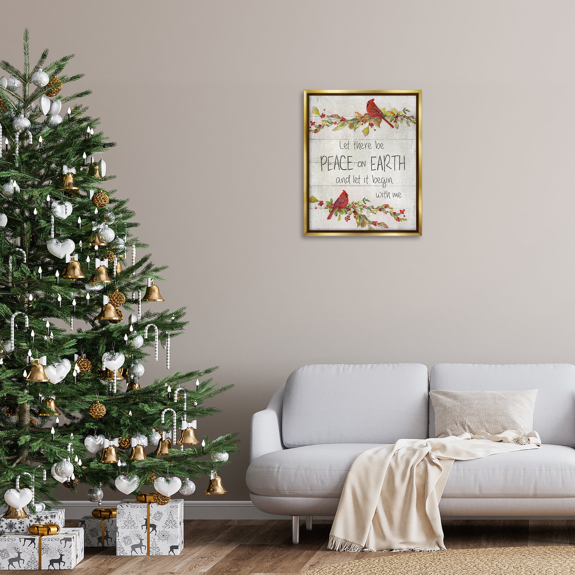 Stupell Industries Peace On Earth With Me Holiday Painting Gold Floater Framed Canvas Art Prints Wall Art, 25 x 31