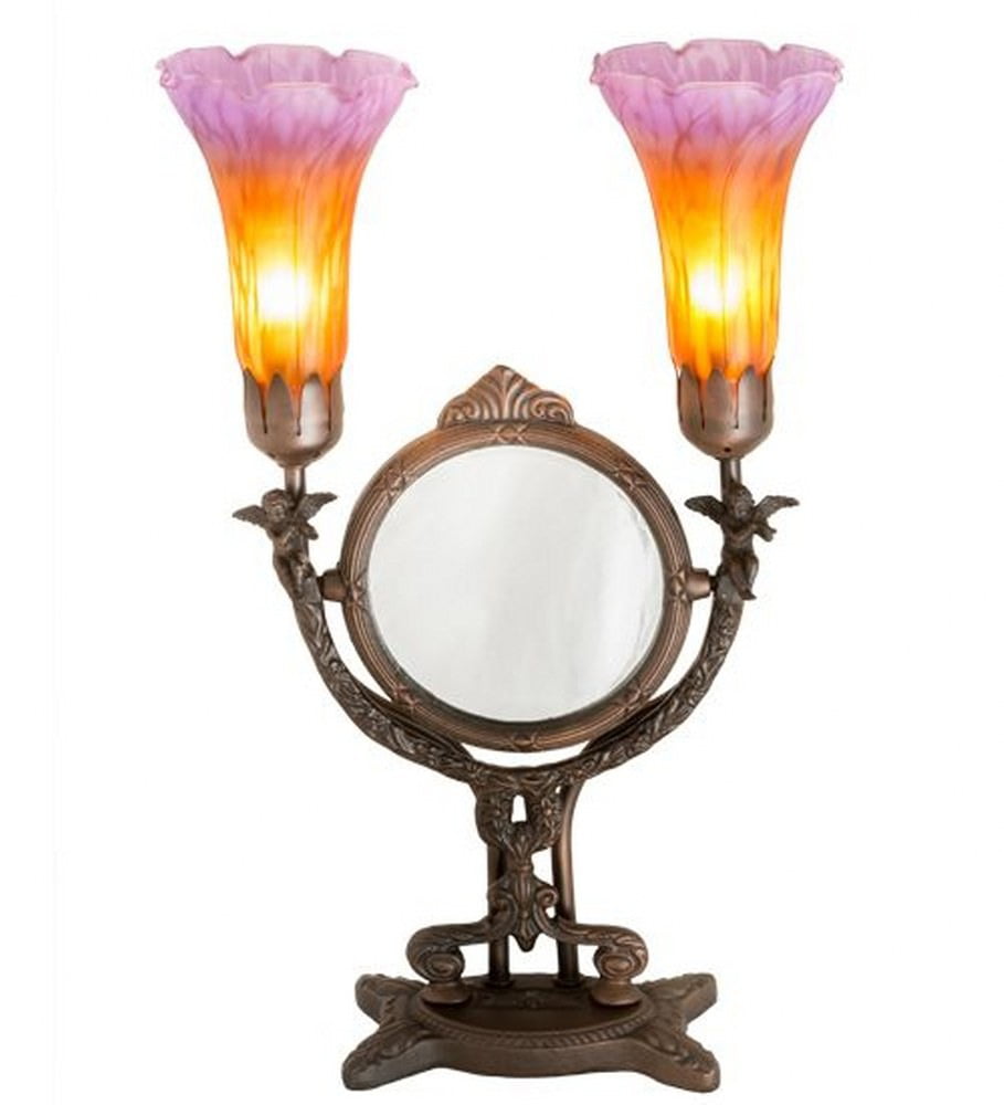 17"H Amber/Purple Pond Lily Cherub Mirror Accent lamp