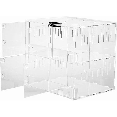 4 Grids Acrylic Pet Lizard Crawling Pet Box, Reptile Terrarium with Thermometer, Reptile Tank Insect Spiders Lizard Breeding Box for Office, Laboratory, 9.4 * 11.8 * 11.2inch, Transparent