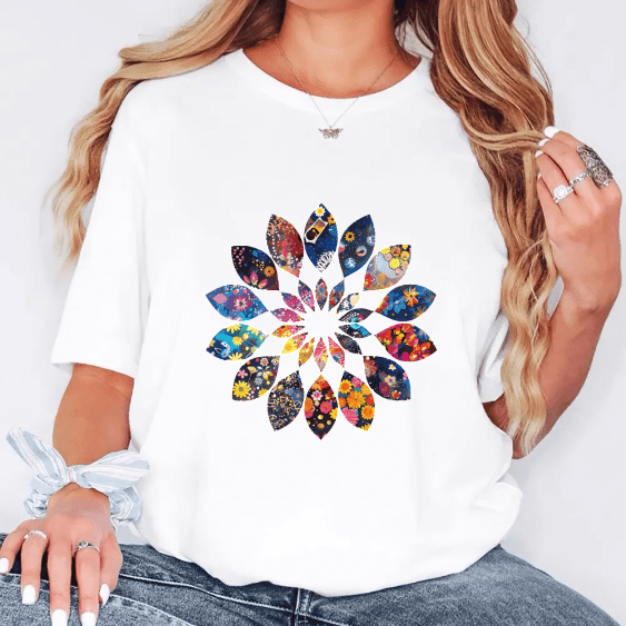 Women's 180g Cotton Short Sleeve T-Shirt - Soft Breathable Round Neck Casual Top with Vibrant Mandala Print, Regular Fit Pullover for Spring/Summer, Machine Washable, Summer Top | Round Neck Tee | So
