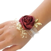 JINGT Flower Wrist Corsage Pearl Bead Bracelet Wedding Prom Party Bridesmaids Decor Burgundy