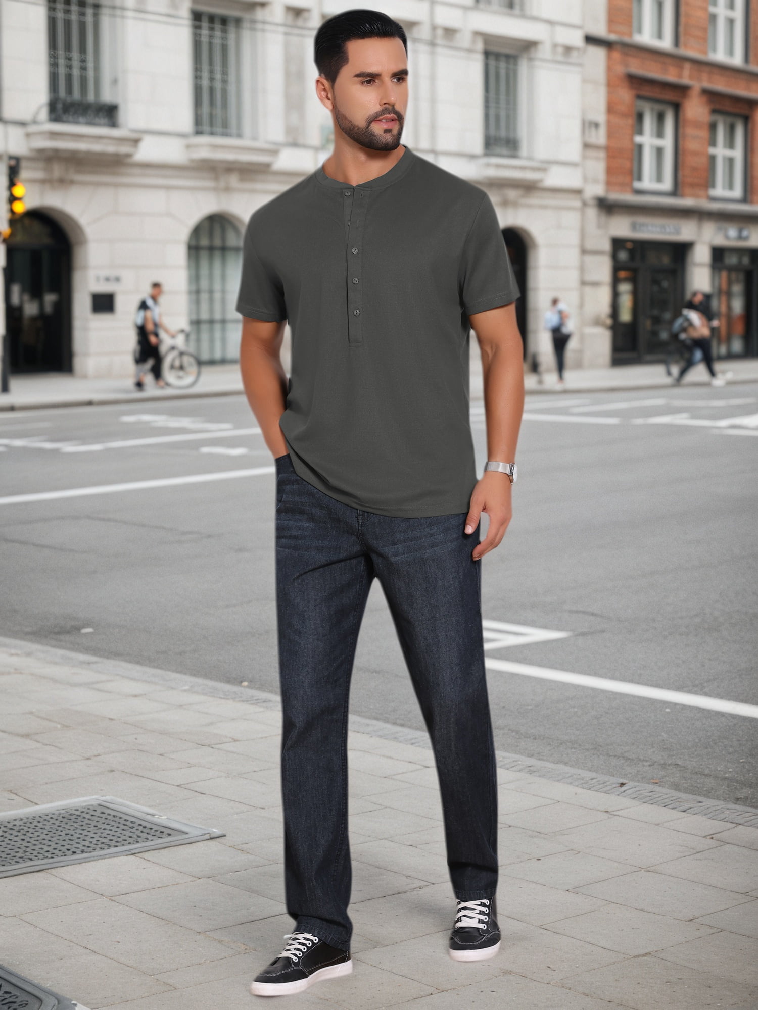 DARING DIVA Men's Henley Breathable Short Sleeve Button Down T-Shirt S Dark Gray