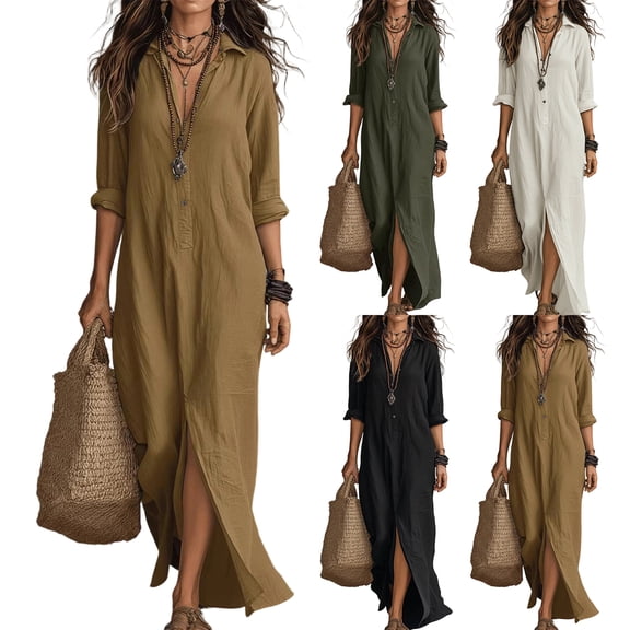 Bbyeadc Womens Dresses Maxi Long Sleeve Henley Button Front Collared Shirt Dresses Side Slit Solid Color Casual Vacation Outfits,Green (S)