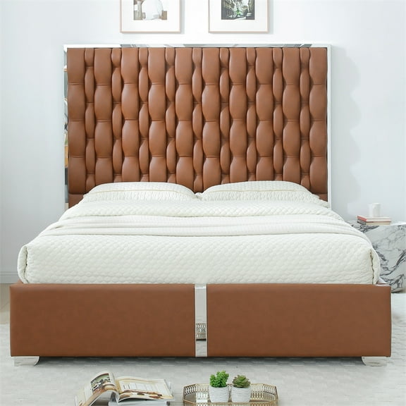 Rollie Vegan Leather Upholstered King Bed Frame In Brown