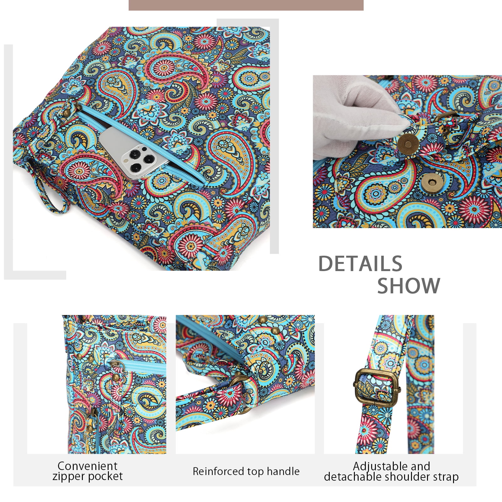 KL928 Crossbody Bag for Women Multi-pocket Shoulder Messenger Bag Floral Printed Purse Handbag Travel Bag