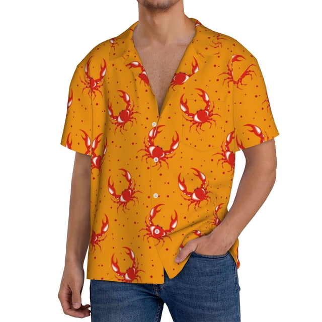 Fotbe Red Crab Camisa Estampada de Manga Corta para Hombre, Casual de Verano, Estilo Playero, Sin Arrugas-Small