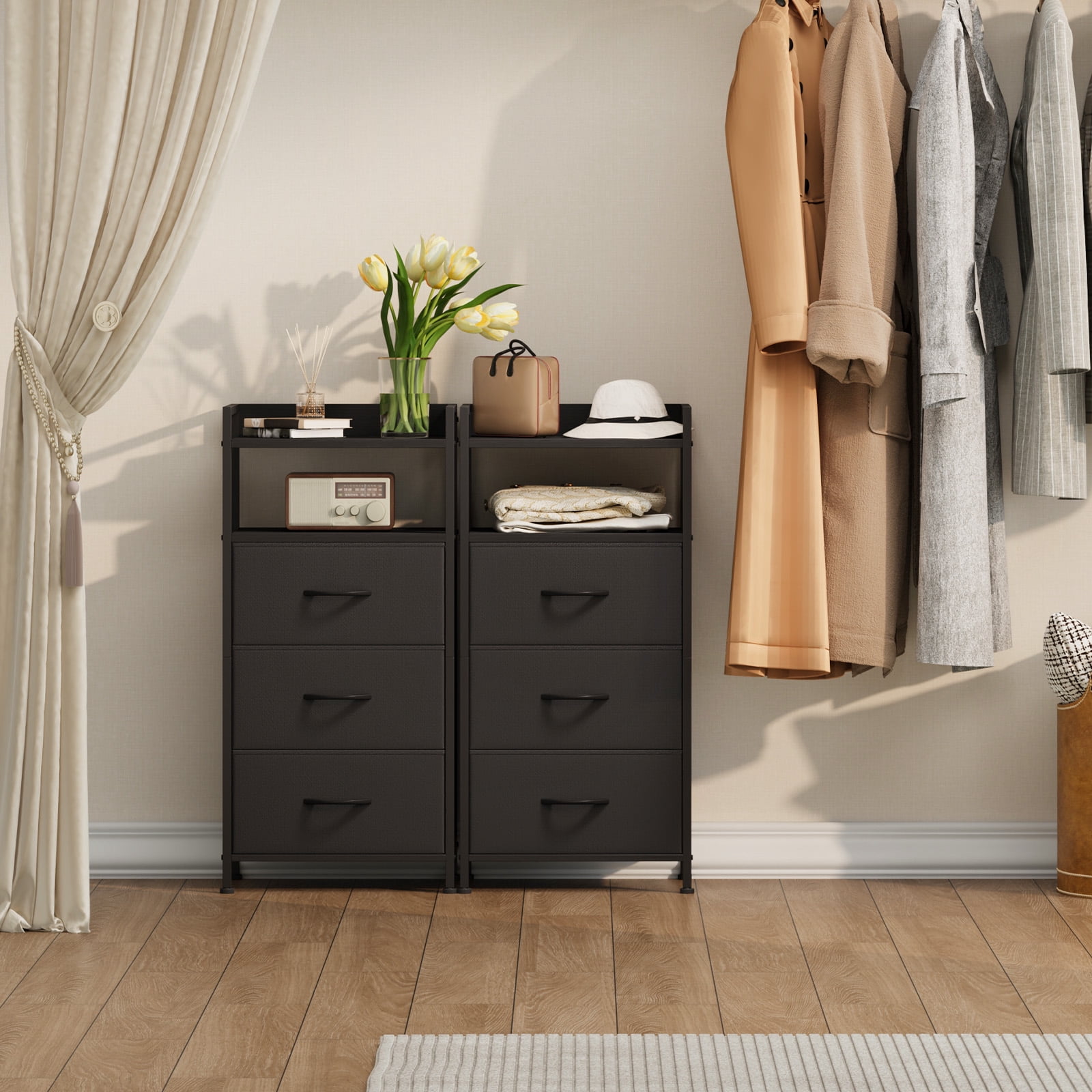 Eunos Black Tall Nightstand, 3 Vertical Fabric Drawer Dresser for Bedroom, Living Room, Hallway