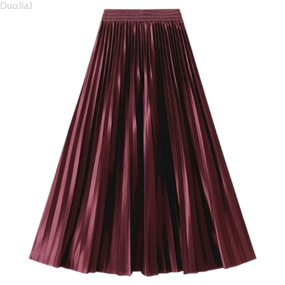 DuoJiaJ Summer High Waist Glossy Pleated Midi Skirt Slimming Flowy Long Skirt With Shiny Finish For Casual And Dressy Occasions A Line Skirts Women Red One Size