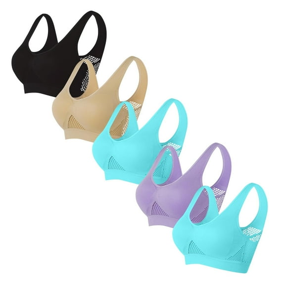 ylioge S-5X Plus Size Sports Bras for Women 5 Pack Wireless Push Up Bralettes Pullover Breathable Hollow-Out Support Workout Yoga Tshirt Underwear Bra