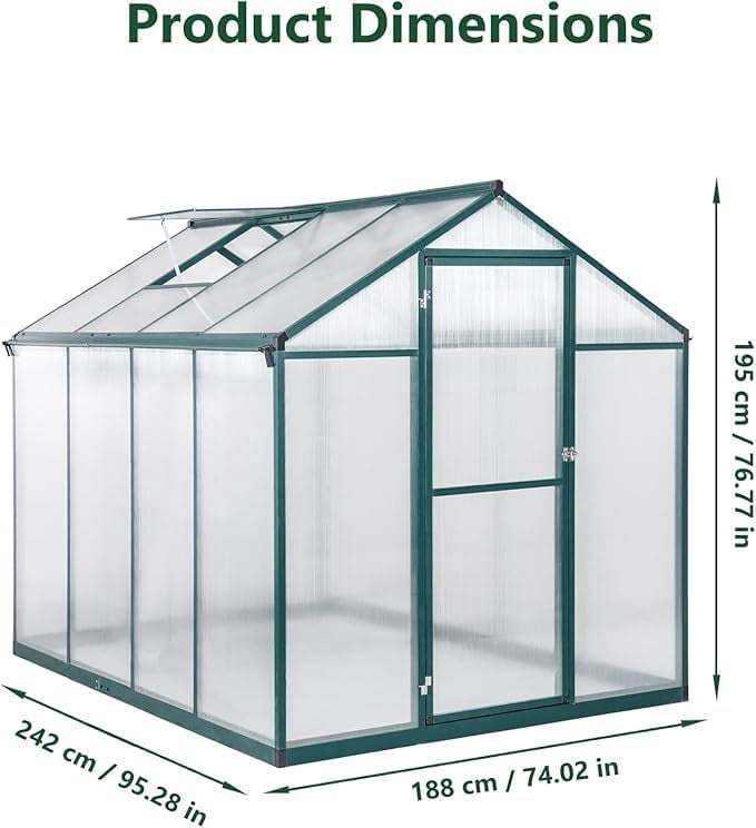 Homhougo 6x8x6.5FT Outdoor Greenhouse, Heavy Duty Aluminum Greenhouse with Polycarbonate Panels and Lockable Doors with Adjustable Roof Vents for Backyard, Patio, Gardening (Dark Green)