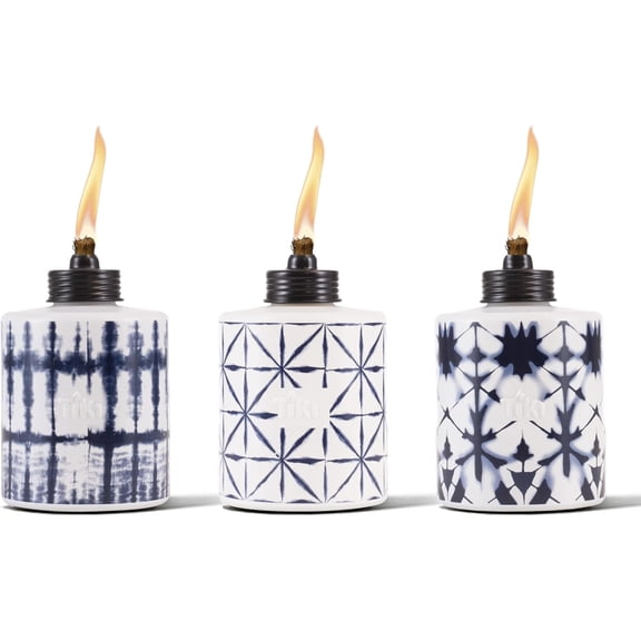 Glass Tie-Dye Tabletop Torches, 3-Pack – Outdoor Decorative Torches for Patios, Backyards, and Gardens – Portable Tabletop Lemongrass Torches for Outdoor Lighting – Blue, 5.75 inches