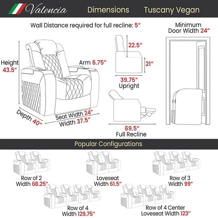 Valencia Theater Seating - Valencia Tuscany Vegan Row of 3 Loveseat Right Premium Vegan Leather Luxury Home Theater Seating - Dark Truffle