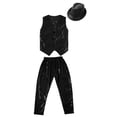 thumbnail image 3 of Doomiva Kids Boys Girls Sequin Performance Costume Vest Waistcoat Jazz Hip Hop Modern Dance Jacket with Pants Hat Black 7-8, 3 of 5