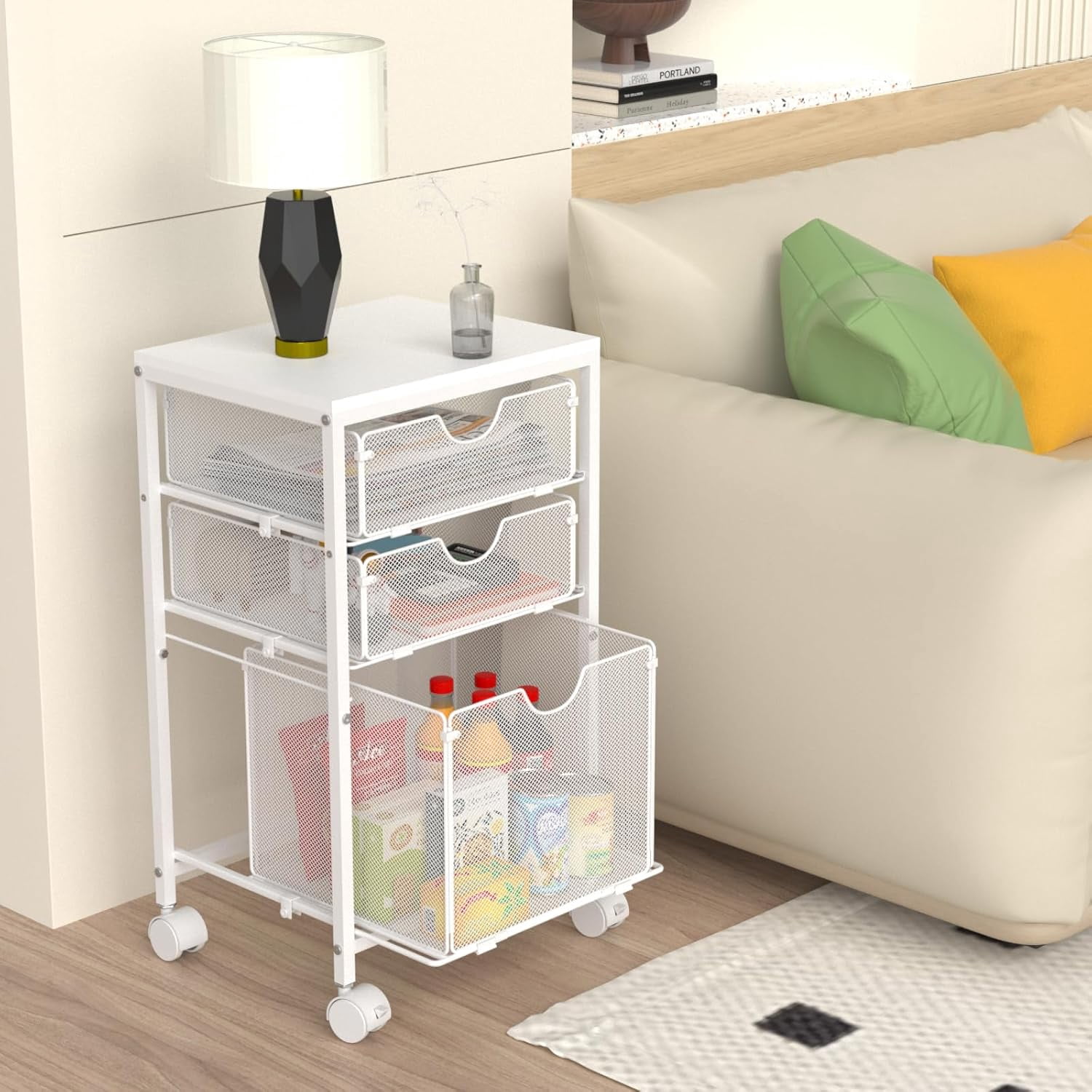 Rolling File Cart with 3 Storage Drawers, Under Desk Hanging File Folder Organizer Cart for Home Office, 11.81"D x 14.8"W x 25.39"H, White